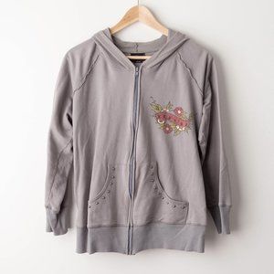 Torrid | Gray Zip Up Hoodie with Skull and Floral Design | Women's Plus 1X